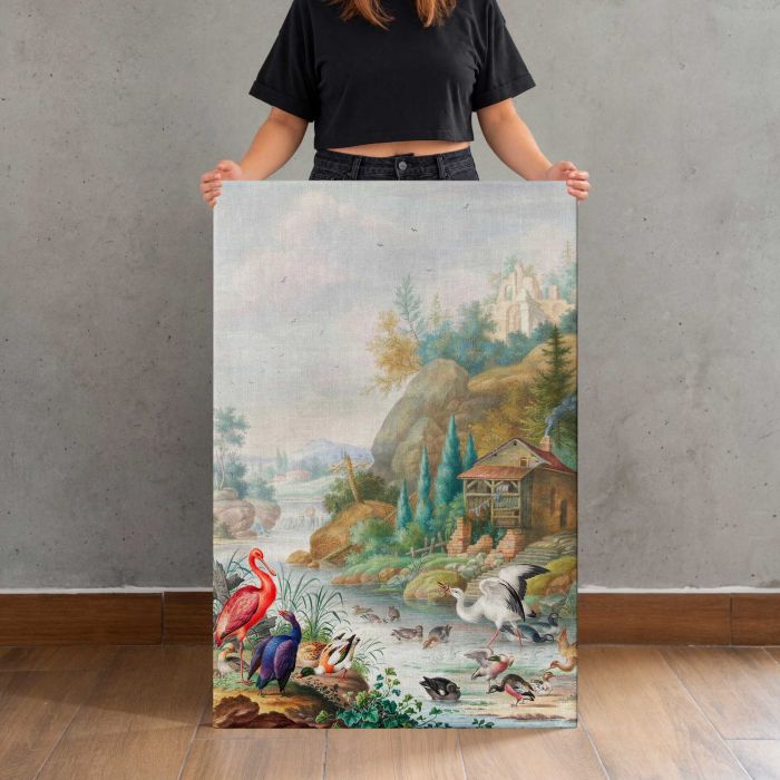 Birds near a Mountain Stream by Herman Henstenburgh (c.1683-c.1726) canvas print, canvas shown with a person for scale