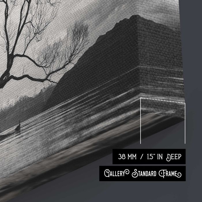 Black and white long shot of The Wanaka Tree in New Zealand with cloudy sky canvas print, canvas surface and edge detail