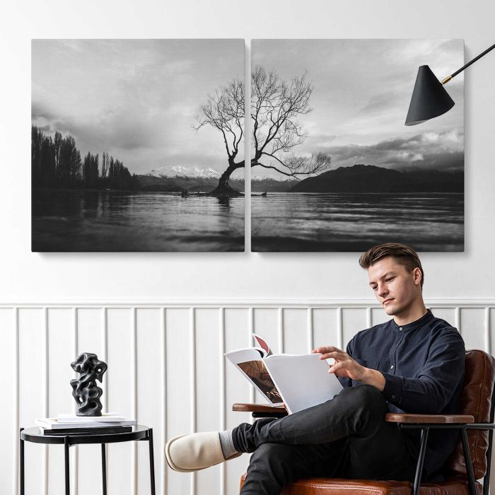 Black and white long shot of The Wanaka Tree in New Zealand with cloudy sky canvas print, interior display view