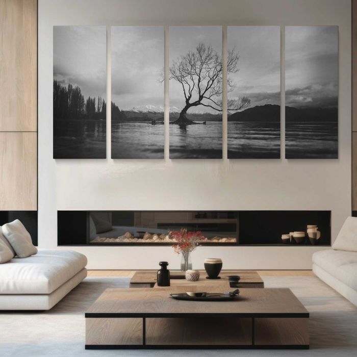 Black and white long shot of The Wanaka Tree in New Zealand with cloudy sky canvas print, interior display view