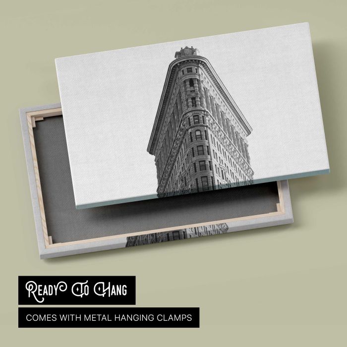 Black and white photo looking up at the Flatiron Building in New York City canvas print, canvas reverse and frame view