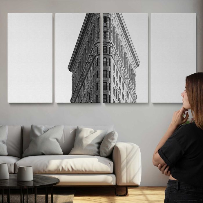 Black and white photo looking up at the Flatiron Building in New York City canvas print, interior display view
