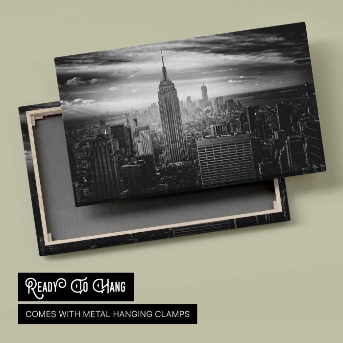 Black and white photo of the Empire State Building and downtown New York City canvas print, canvas reverse and frame view