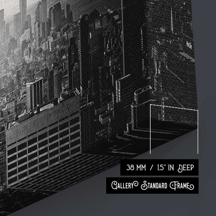 Black and white photo of the Empire State Building and downtown New York City canvas print, canvas surface and edge detail