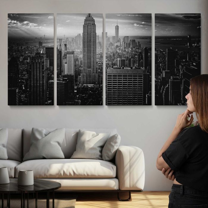 Black and white photo of the Empire State Building and downtown New York City canvas print, interior display view