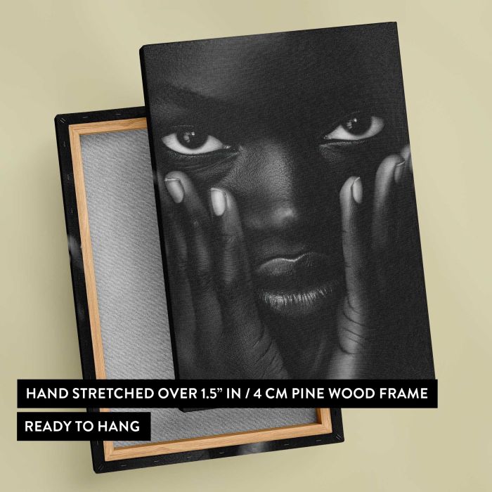 Black and White Portrait — Eyes and Hands canvas print, canvas reverse and frame view