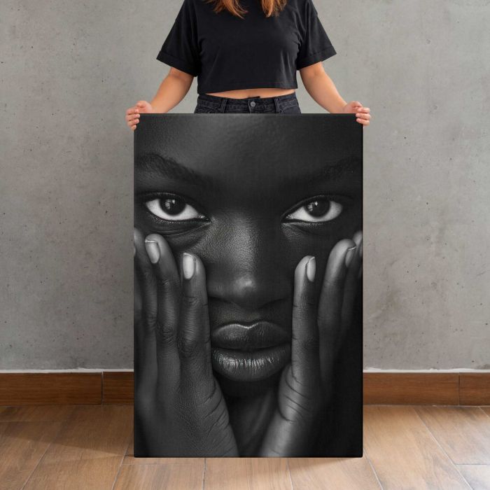 Black and White Portrait — Eyes and Hands canvas print, canvas shown with a person for scale