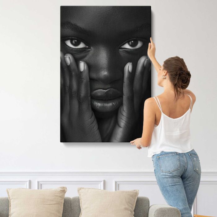 Black and White Portrait — Eyes and Hands canvas print, interior display view