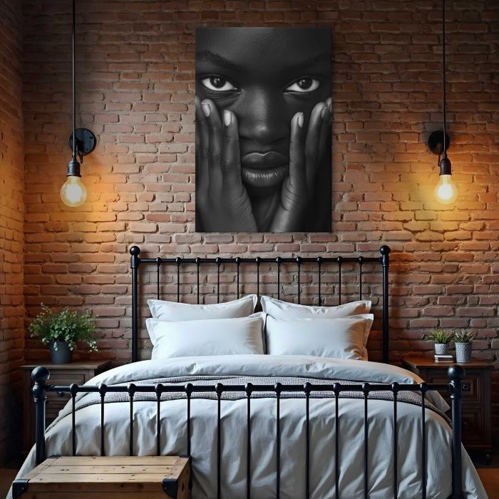 Black and White Portrait — Eyes and Hands canvas print, interior display view