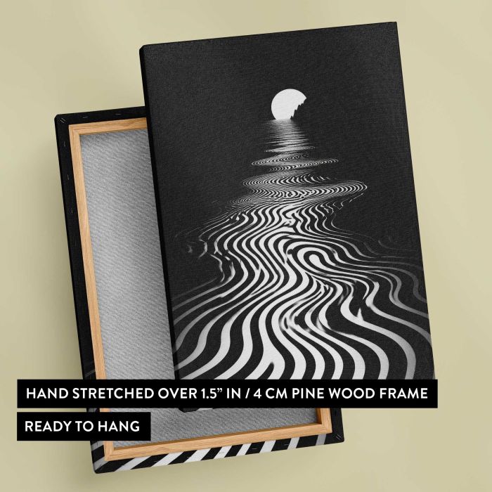 Black and White Wavy Stripes with a Glowing Moon canvas print, canvas reverse and frame view