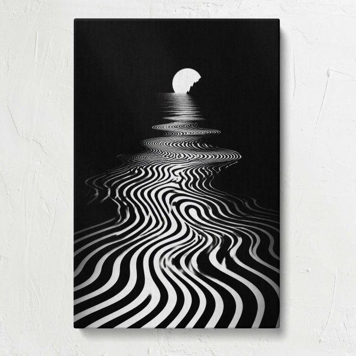 Black and White Wavy Stripes with a Glowing Moon canvas print, front canvas view