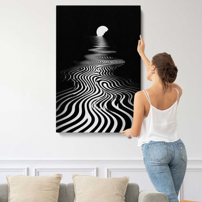 Black and White Wavy Stripes with a Glowing Moon canvas print, interior display view