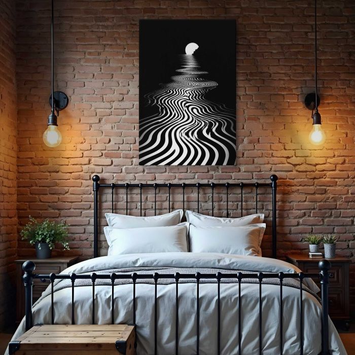 Black and White Wavy Stripes with a Glowing Moon canvas print, interior display view