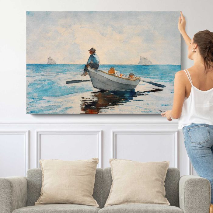 Boys in a Dory (1880) by Winslow Homer canvas print, canvas shown with a person for scale