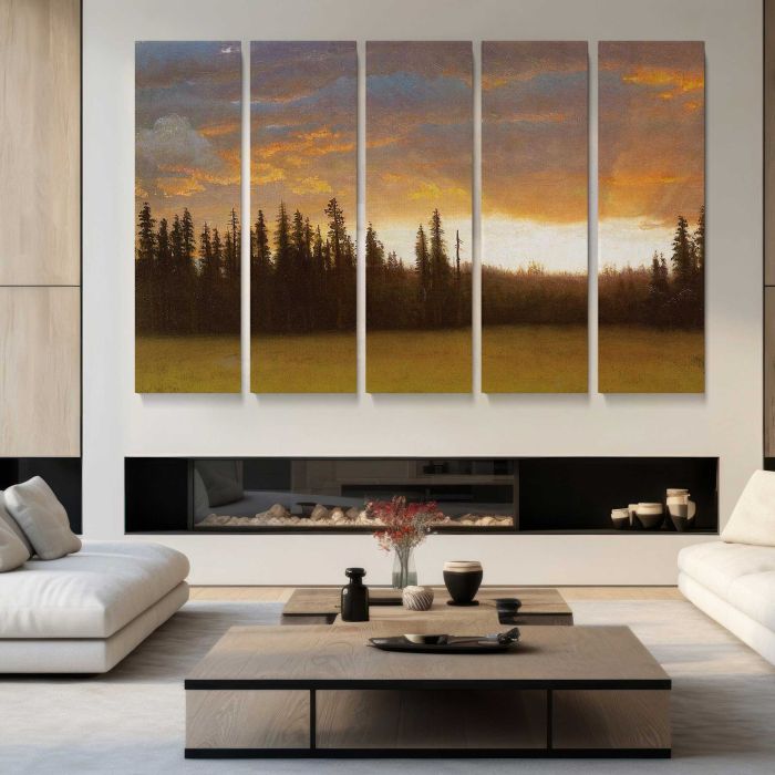 California Sunset by Albert Bierstadt - multi-panel canvas displayed in a modern living room