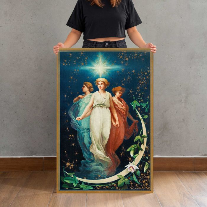 Christmas Card with Angels and Stars canvas print, canvas shown with a person for scale