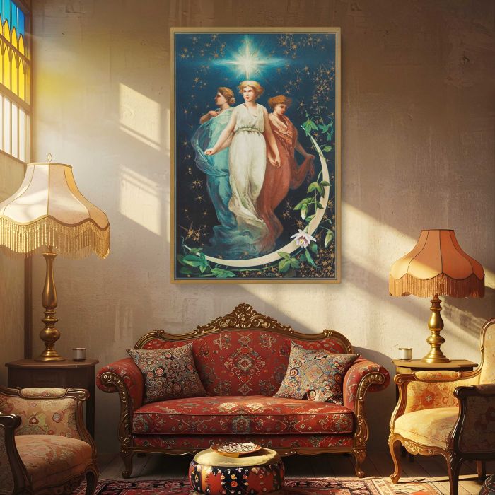 Christmas Card with Angels and Stars canvas print, interior display view