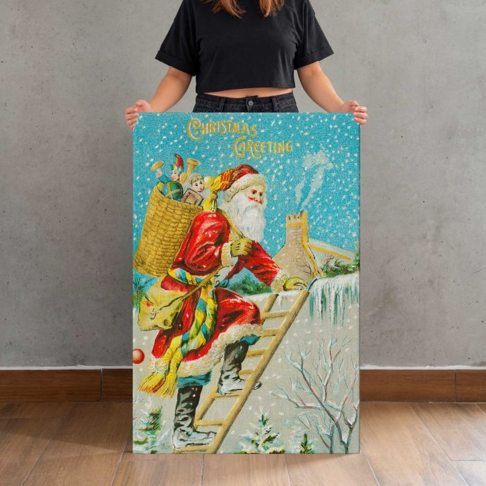 Christmas Greeting — Santa Claus (c. 1900s) canvas print, canvas shown with a person for scale