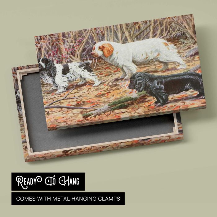 Cocker, Clumber and Field Spaniels (1919) by Louis Agassiz Fuertes canvas print, canvas reverse and frame view