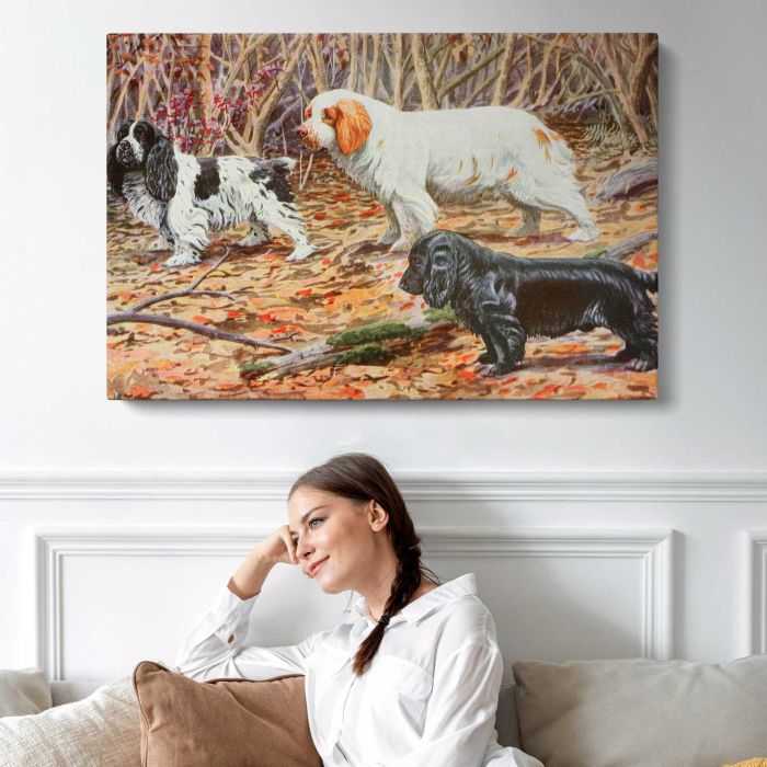Cocker, Clumber and Field Spaniels (1919) by Louis Agassiz Fuertes canvas print, interior display view