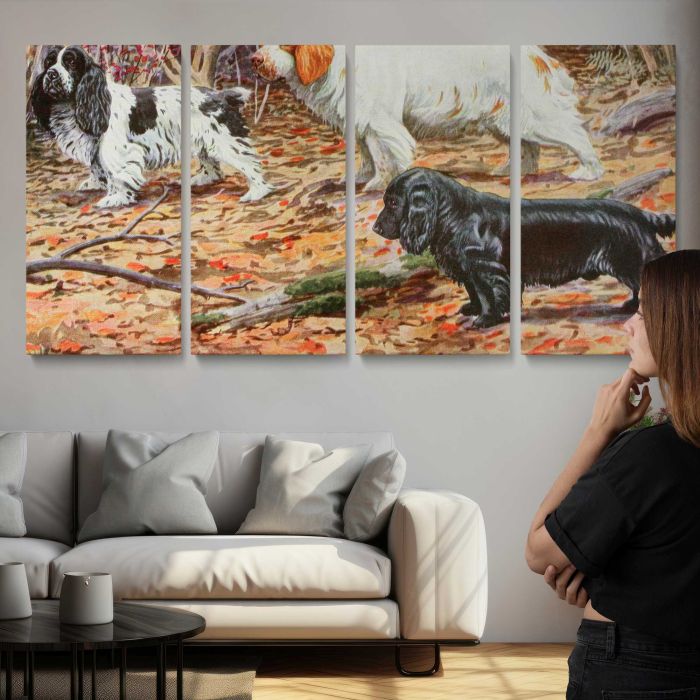 Cocker, Clumber and Field Spaniels (1919) by Louis Agassiz Fuertes canvas print, interior display view