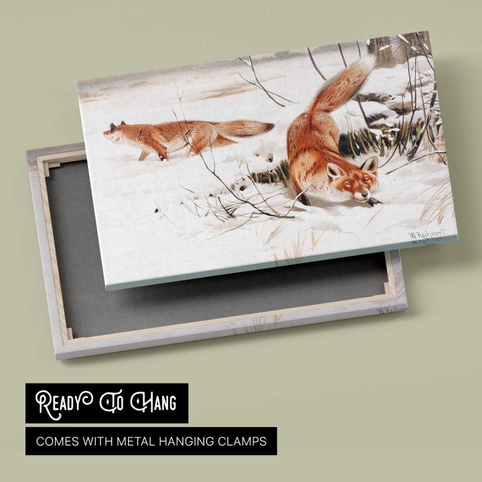 Common Foxes in the Snow (1893) by Wilhelm Kuhnert canvas print, canvas reverse and frame view