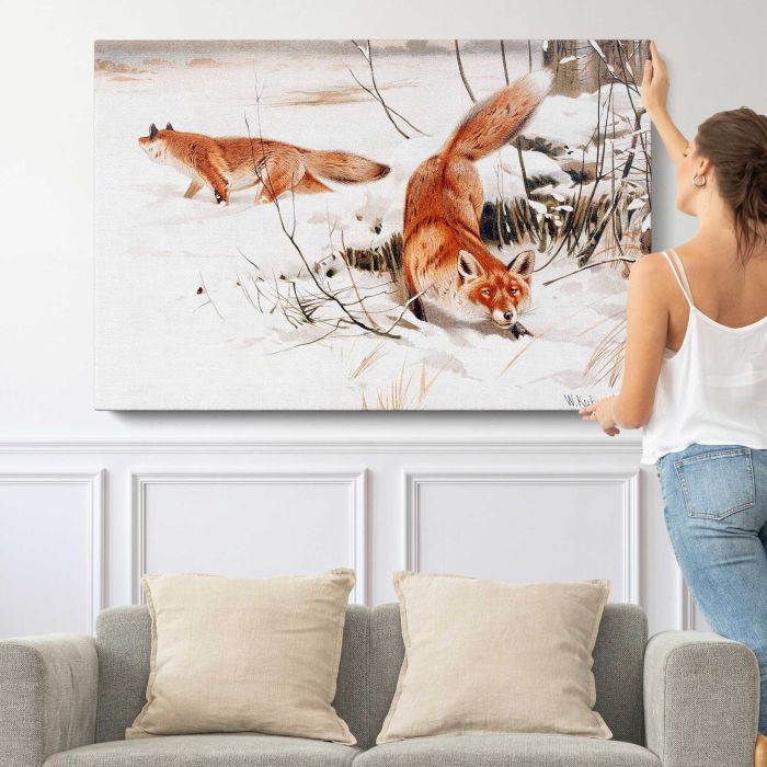 Common Foxes in the Snow (1893) by Wilhelm Kuhnert canvas print, canvas shown with a person for scale