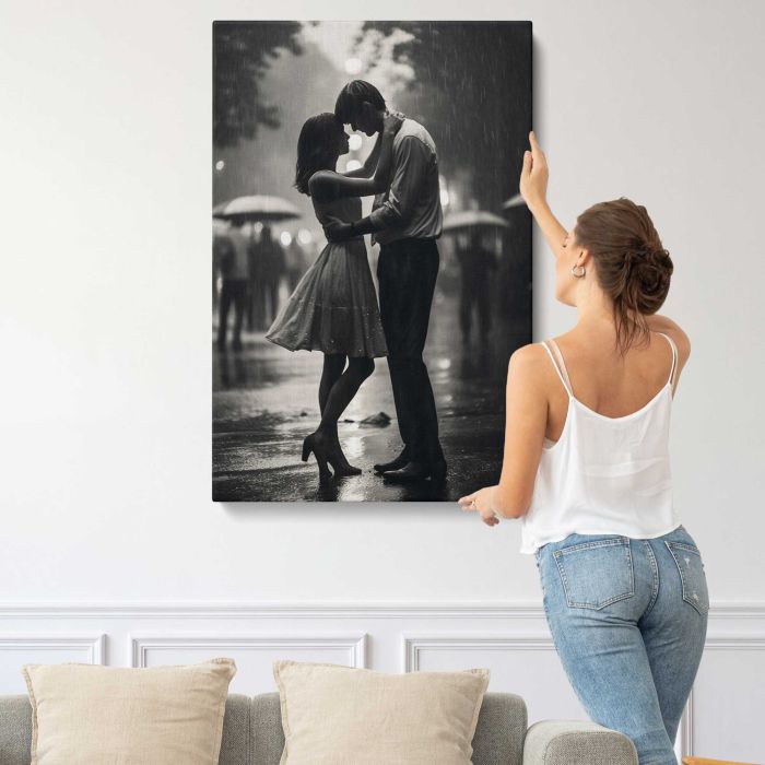 Couple Dancing in the Rain canvas print, interior display view