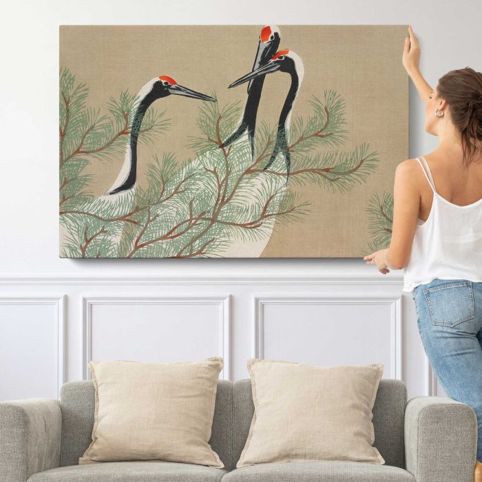 Cranes from Momoyogusa–Flowers of a Hundred Generations (1909) by Kamisaka Sekka canvas print, canvas shown with a person for scale