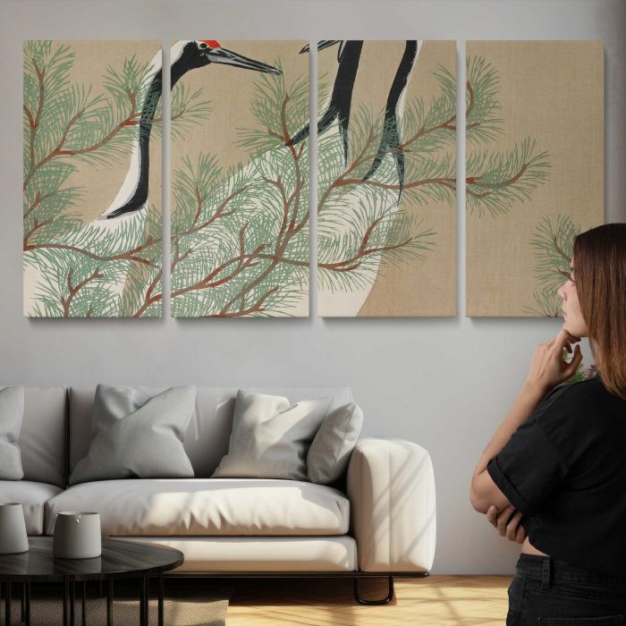 Cranes from Momoyogusa–Flowers of a Hundred Generations (1909) by Kamisaka Sekka canvas print, interior display view