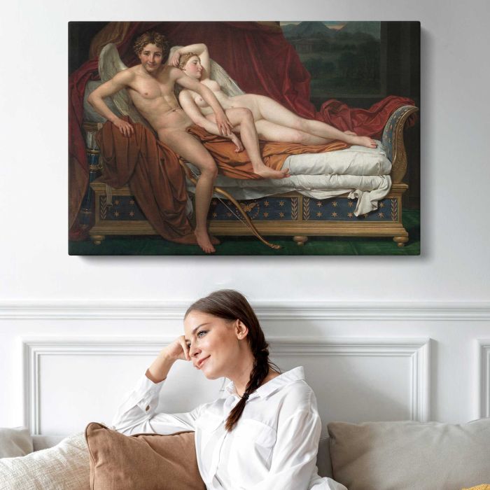 Cupid and Psyche, Painting by Jacques-louis David - single-panel canvas displayed above a sofa