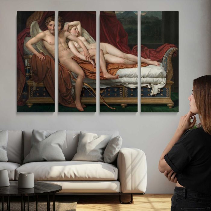 Cupid and Psyche, Painting by Jacques-louis David - multi-panel canvas displayed above a sofa