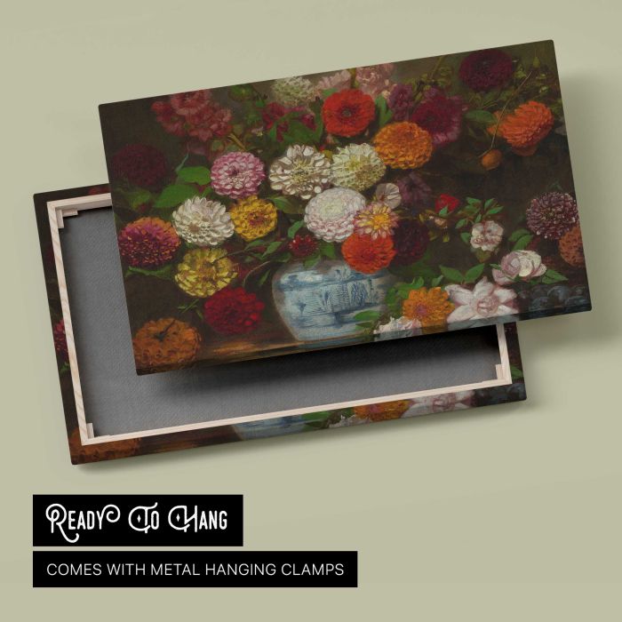 Dahlias in a Blue and White Jar by Eugène Delacroix canvas print, canvas reverse and frame view