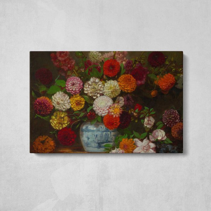 Dahlias in a Blue and White Jar by Eugène Delacroix canvas print, front canvas view