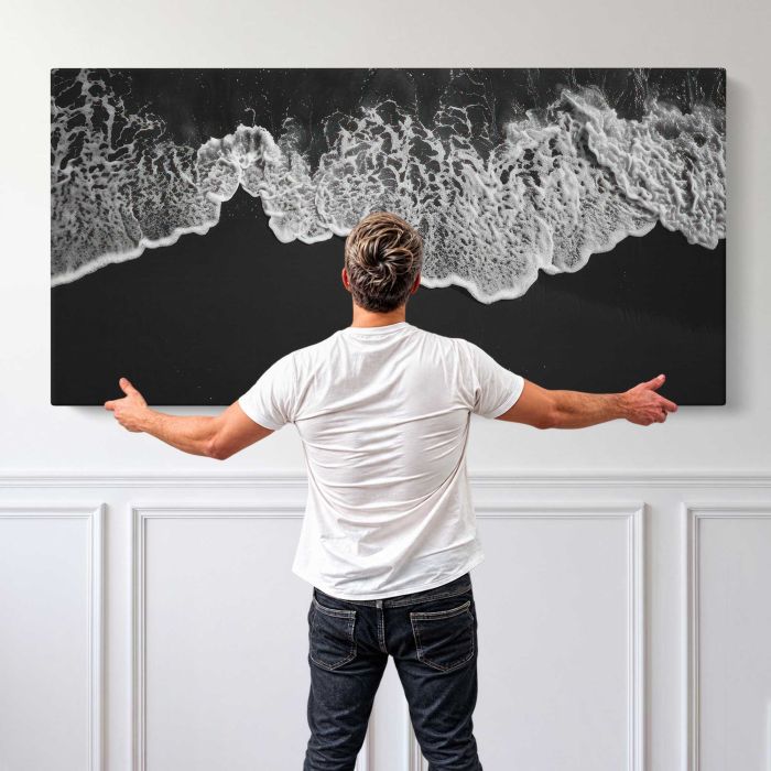 Dark Beach and Shoreline canvas print, canvas shown with a person for scale