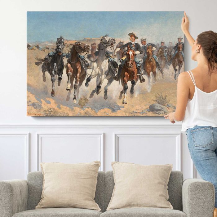 Dismounted: The Fourth Troopers Moving the Led Horses (1890) by Frederic Remington canvas print, canvas shown with a person for scale