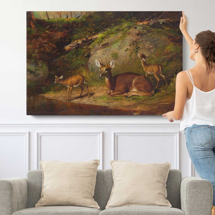 Doe and Two Fawns canvas print, canvas shown with a person for scale