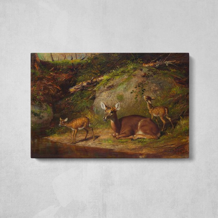 Doe and Two Fawns canvas print, front canvas view