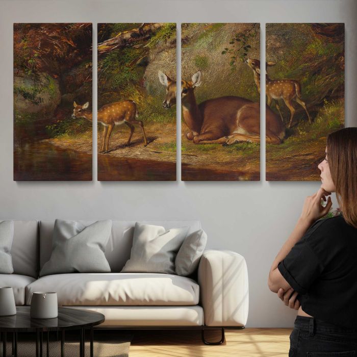 Doe and Two Fawns canvas print, interior display view
