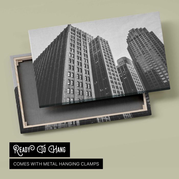 Downtown Skyscrapers in Black and White canvas print, canvas reverse and frame view
