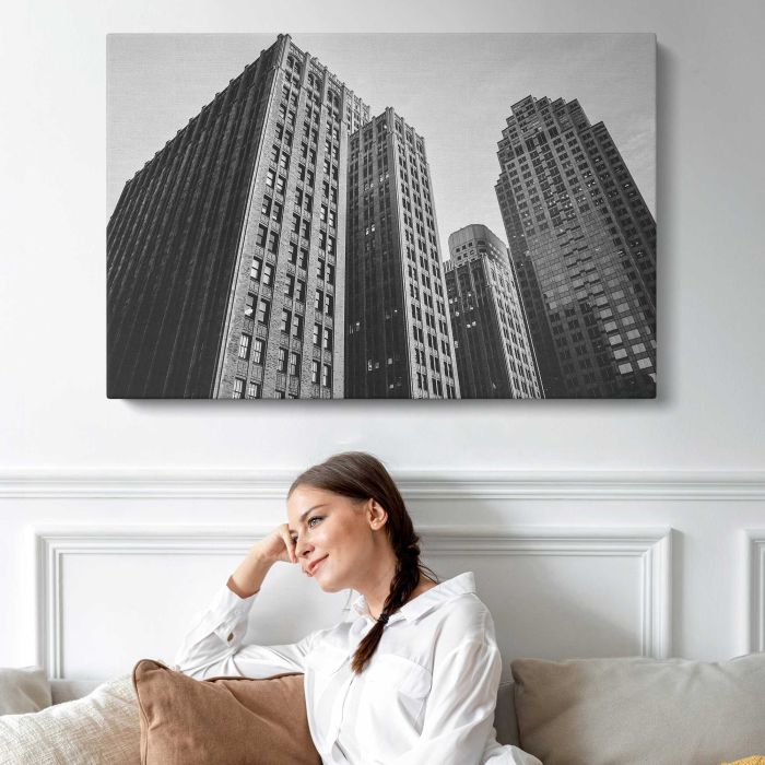 Downtown Skyscrapers in Black and White canvas print, interior display view