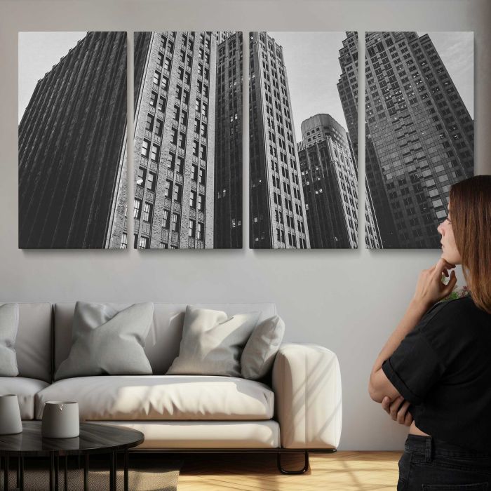 Downtown Skyscrapers in Black and White canvas print, interior display view