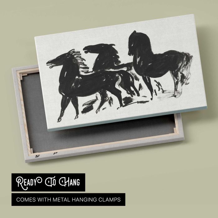 Drie zwarte paarden staand naar links kijkend (1935–1936) by Leo Gestel canvas print, canvas reverse and frame view