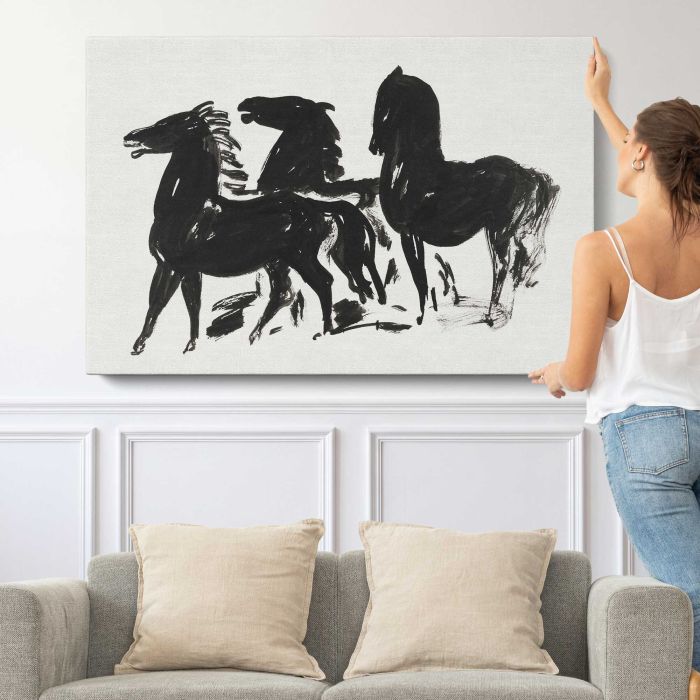 Drie zwarte paarden staand naar links kijkend (1935–1936) by Leo Gestel canvas print, canvas shown with a person for scale