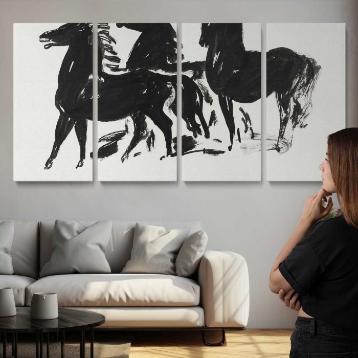 Drie zwarte paarden staand naar links kijkend (1935–1936) by Leo Gestel canvas print, interior display view