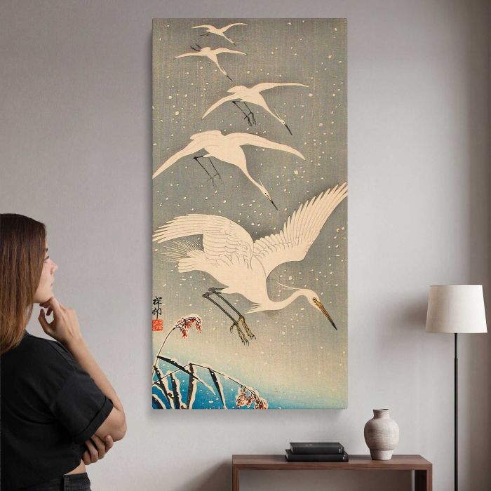 Egrets Descending in Snow by Ohara Shōson canvas print, interior display view