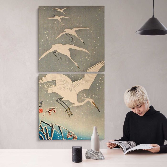 Egrets Descending in Snow by Ohara Shōson canvas print, interior display view