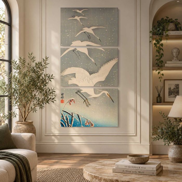 Egrets Descending in Snow by Ohara Shōson canvas print, interior display view