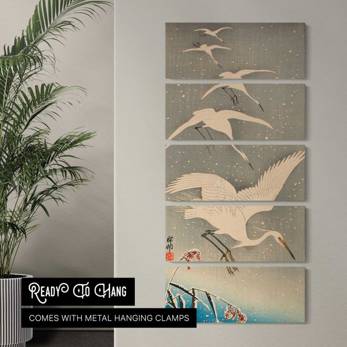 Egrets Descending in Snow by Ohara Shōson canvas print, interior display view