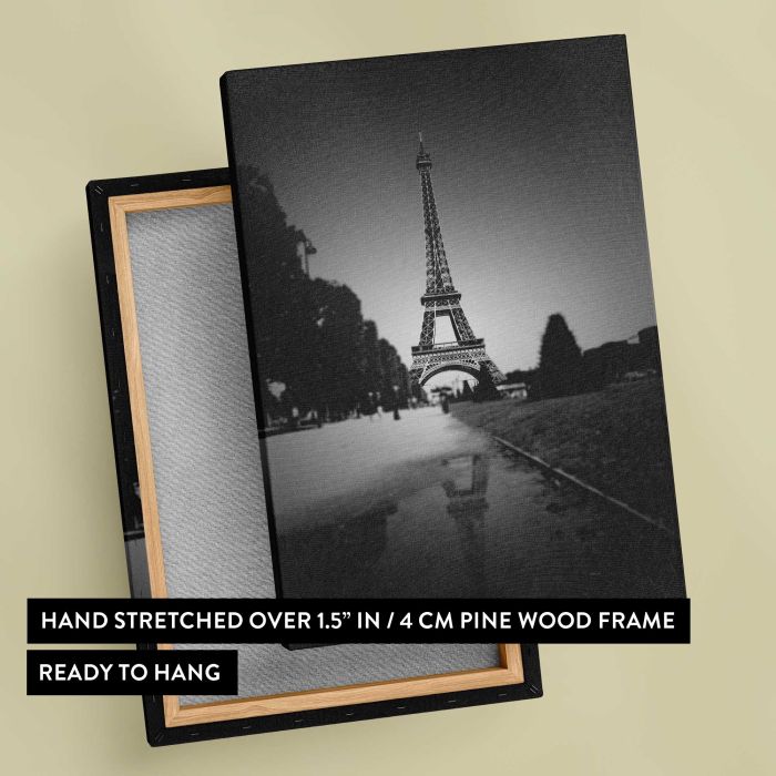 Eiffel Tower in Black and White canvas print, canvas reverse and frame view